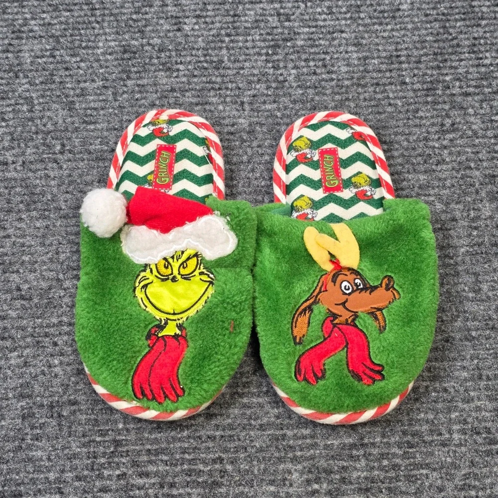 Dr Seuss The Grinch Faux Fur Slippers Youth Size 13-1 Green Max Dog Holiday